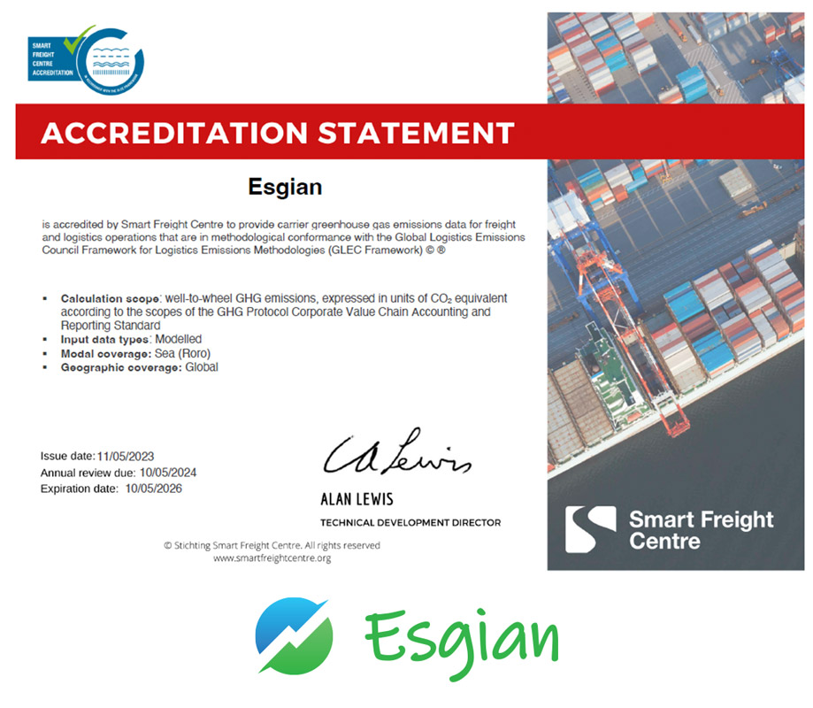 Esgian Received Accreditation from Smart Freight Center as the World's First Software for RoRo