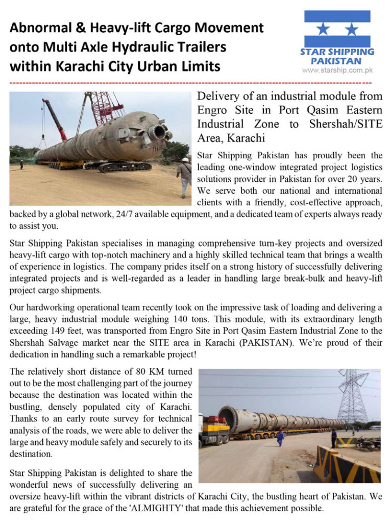 Star Shipping Pakistan Transported an Industrial Module from Port Qasim to Site