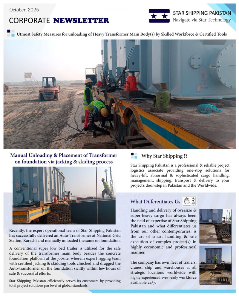 Star Shipping Pakistan Unloaded and Placed a Transformer on its Foundation via Jacking & Skiding
